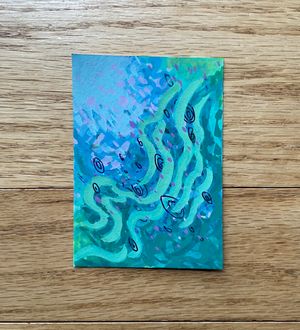A small artwork in abstract blues, teals and purples. It's full of overlapping textures, speckles and waves, with a sort of underwater look.
