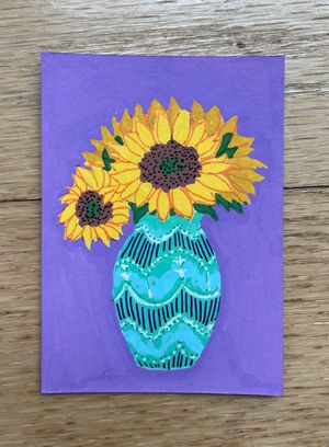 A small artwork of sunflowers in a vase, against a purple background. The vase is teal but decorated with lines and dots of white and dark purple.