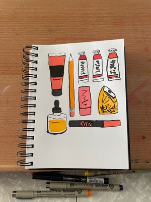Marker & pen drawing of various art supplies in warm colors