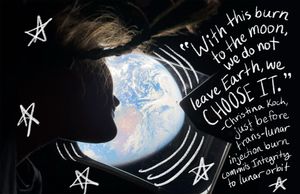 Photo of Christina Koch looking out the Integrity capsule window at Earth, with handwritten text: