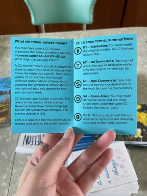 Maggie's hand holding up the Creative Commons zine, open to a page explaining the different CC license terms.