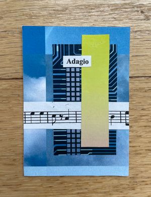 A small artwork of an abstract collage composition, mostly made up of rectangular shapes and shades of blue. A line of musical staff weaves across the page, and the center of the composition is the cut out word 'Adagio' overlapping with a lime-green gradient rectangle.