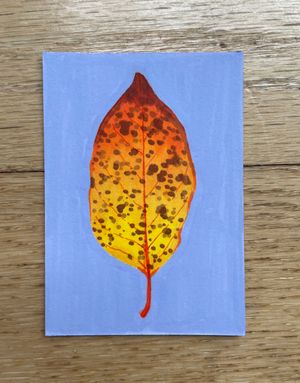 Small artwork of a fall leaf, fading from red-brown at the tip to yellow at the base and flecked with brown spots. It sits againts a pale purple bakground.