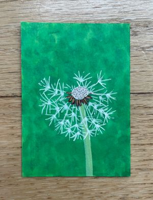 A small artwork of a dandelion against a mottled green background. The dandelion has gone to seed and half of its seeds are already blown away.