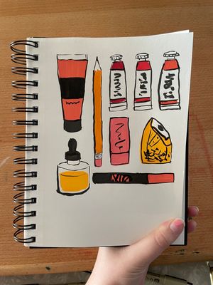 Marker & pen drawing of various art supplies in warm colors