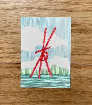 A small artwork with a simple representation of a red abstract scultpure made up of intersecting lines and curves. The background has the shapes of clouds and the ground filled in with simple parallel hatching in blue and green.