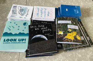 Several stacks of folded zines on a table. Titles include this time we sent poets, spring, Look Up!, Chameleon, blue sky, and Happy Thought.