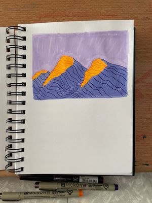 Marker & pen drawing of a mountain range in purple with the tips lit up orange with sunlight